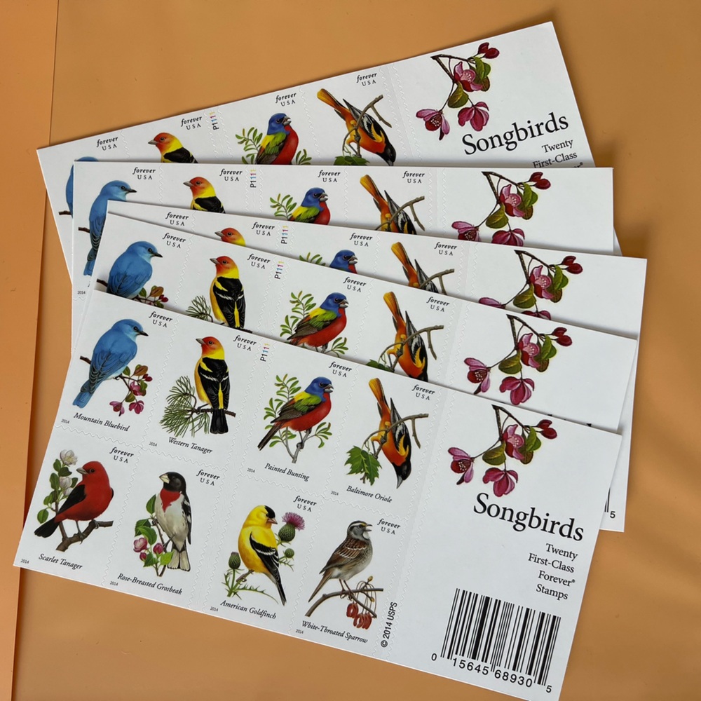 FIVE Books-New, Old Stock Songbirds Forever Postage Stamps - 100 Total